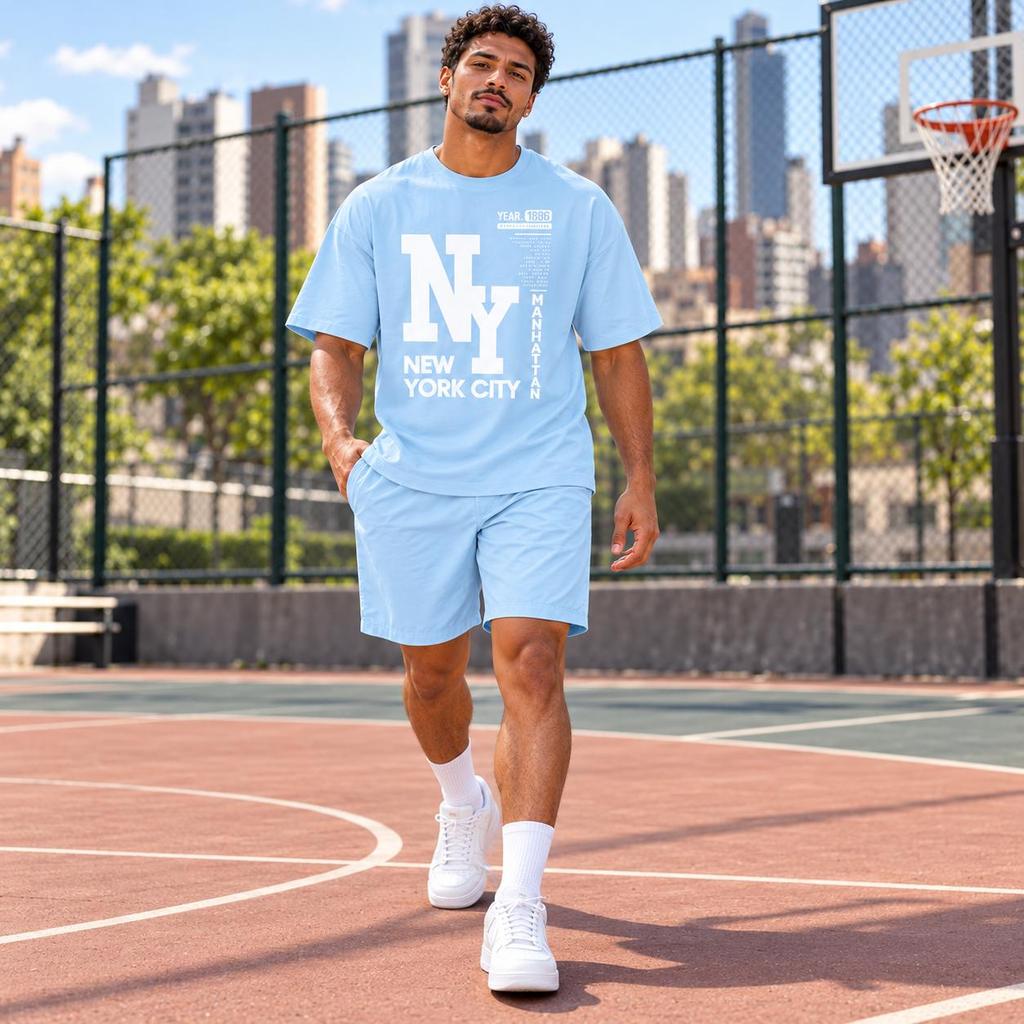 Conjunto New York Azul BB Masculino Short e Camiseta Elastano Confortável