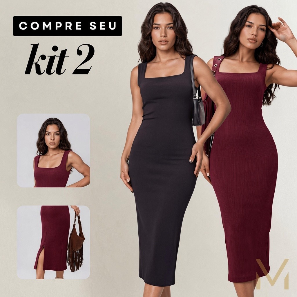 Kit 2 Vestido Longo Alça Grossa Festa Fenda Lateral Moda Elegante Casual