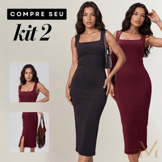 Kit 2 Vestido Longo Alça Grossa Festa Fenda Lateral Moda Elegante Casual