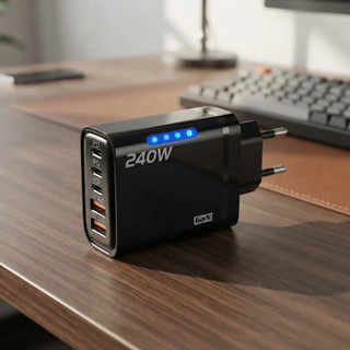 Carregador 240W Turbo 5 Portas USB 3.0 + 3 USB-C Carga Rápida LED