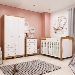 Quarto de Bebê Completo Berço 3 em 1, Cômoda e Guarda-Roupa MDF Nina Espresso Móveis Branco/Amêndoa Branco