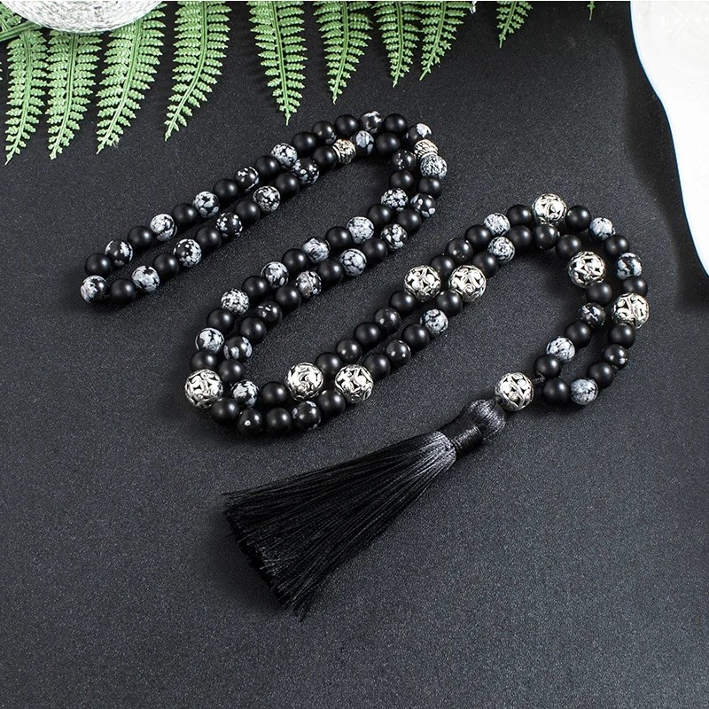 Colar Mala com 108 contas de obsidiana em forma de floco de neve e 8mm de ágata preta fosca, para meditação, ioga e oraç