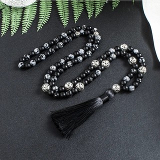 Colar Mala com 108 contas de obsidiana em forma de floco de neve e 8mm de ágata preta fosca, para meditação, ioga e oraç