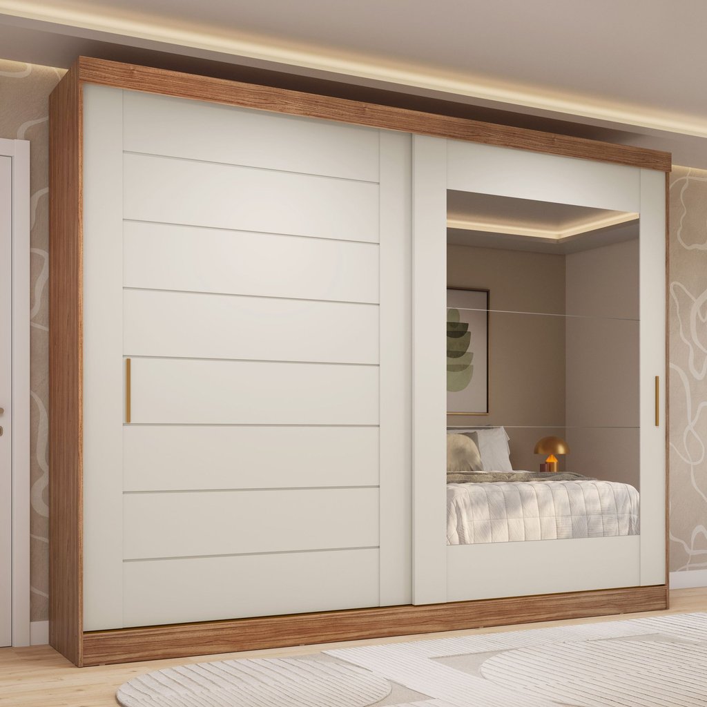 Guarda-Roupa Casal 264cm 2 Portas de Correr com Espelho 100% MDF Siena Espresso Móveis Off White/Cinamomo Cinamomo/Off