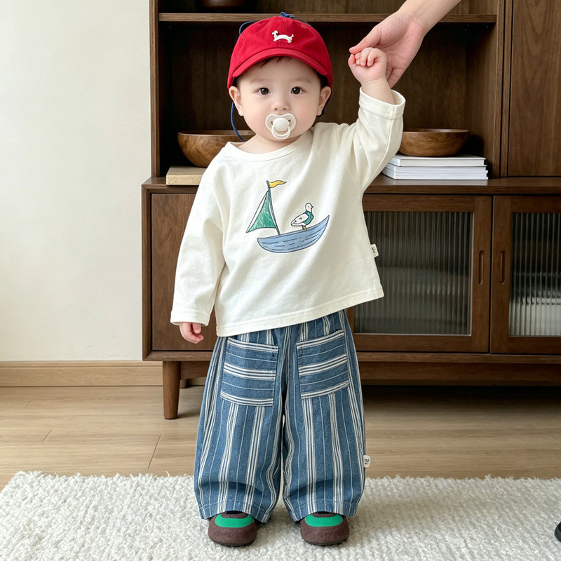 Meninos primavera outono estilo duas cores camiseta conjunto bebê criança bonito topo combinando calças listradas bege m