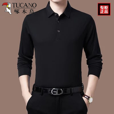 Woodpecker masculino primavera manga comprida camiseta puro algodão fino camisa polo pai negócios tamanho grande cor sól
