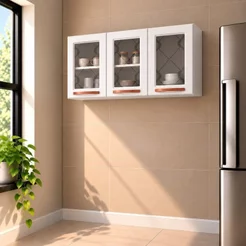 Armário de Cozinha Aéreo Triplo em Aço 3 Portas de Vidro Mirage New Branco Branco
