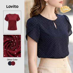Lovito Blusa Feminina Azul-Escuro com Poá Manga Curta Gola Redonda Babado e Geometria Primavera Verão Traje de Trabalho BLB204P1D703