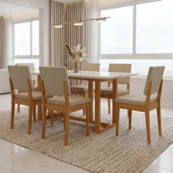 Conjunto Sala de Jantar Madeira Maciça 6 Cadeiras Tampo de Vidro Filadélfia Natural Cerejeira/Palha Cerejeira/Palha