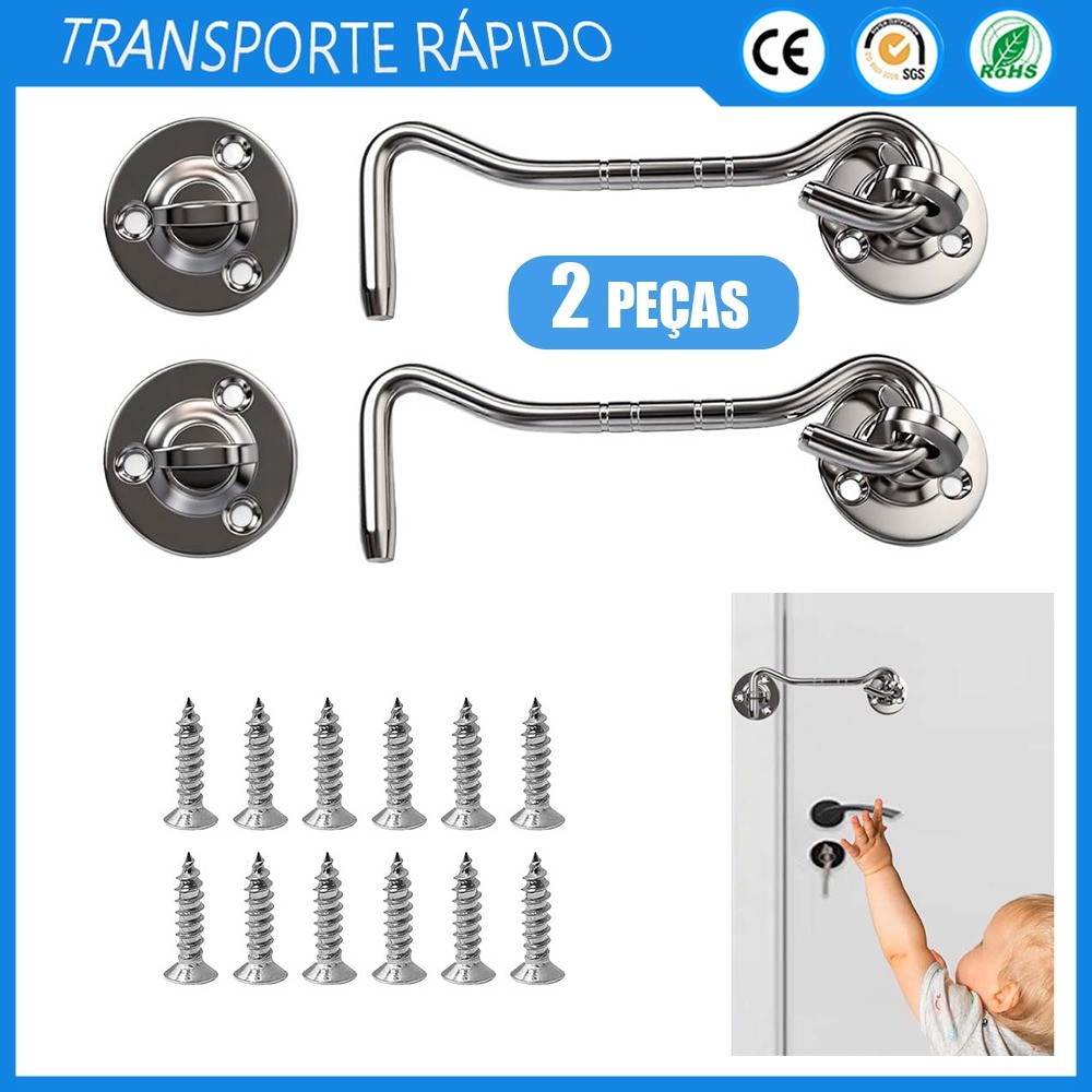 Kit 2 Trinco Porta Tipo Aldrava Ferrolho Multiuso Janela Madeira Prata Aço inoxidável 201