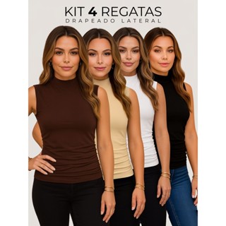 Kit 4 Regata Feminina Gola Alta Dreapeado Lateral Suplex Detalhe Franzido Camiseta Feminina Slim em Oferta na Shopee