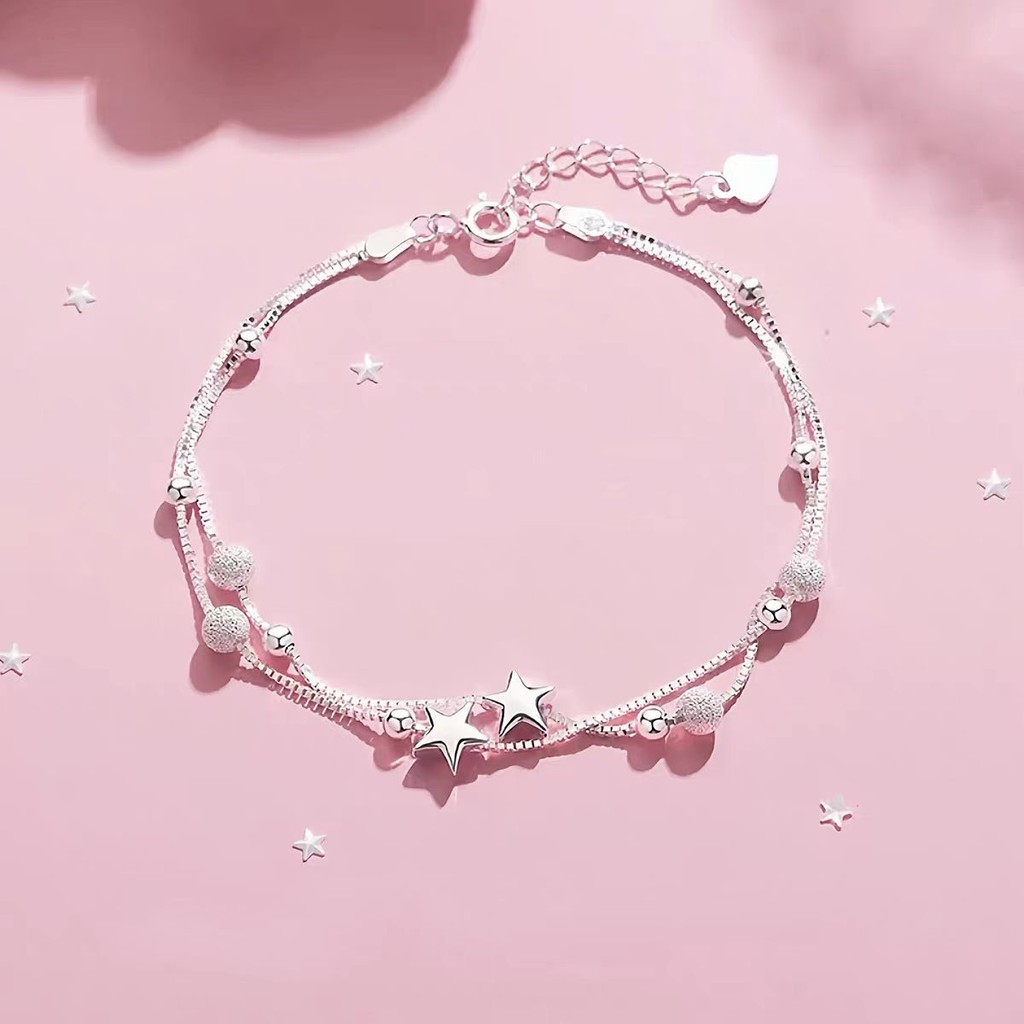 Pulseira fosca com contas redondas, banhada a prata 925 com duas camadas de estrela presente para namorada ou amante em Oferta na Shopee