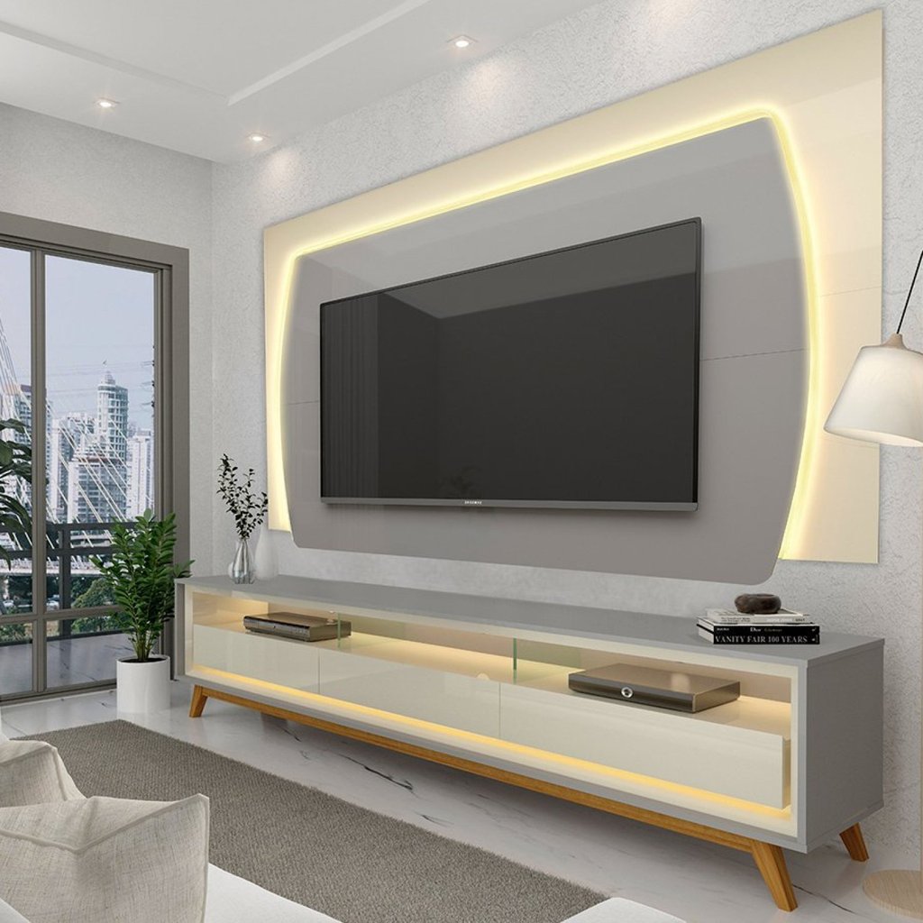 Rack com Painel Para TV até 90 Polegadas com LED 220cm Elegance Yescasa 100% MDF Cinza/Off White em Oferta na Shopee