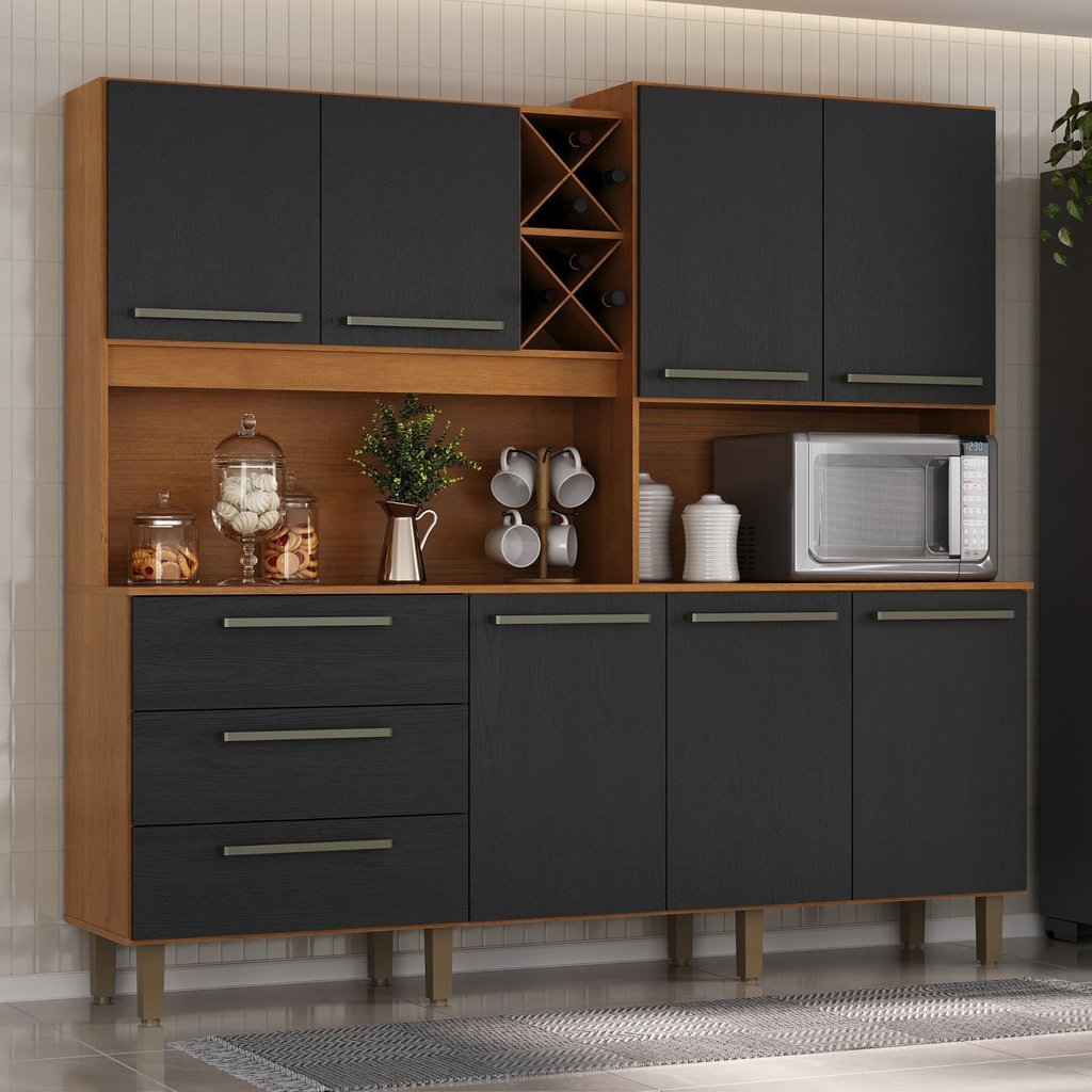 Armário para Cozinha 7 Portas 3 Gavetas com Balcão e Porta Garrafas Ajax Cinamomo/Preto Catedral em Oferta na Shopee