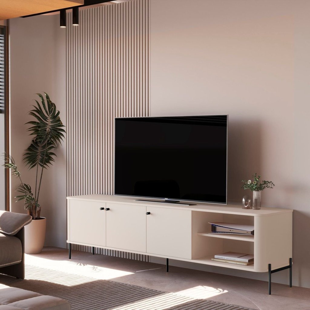 Rack para TV até 75 Polegadas Curvo Pés e Puxadores em Metal Tucupí Off White/Preto em Oferta na Shopee