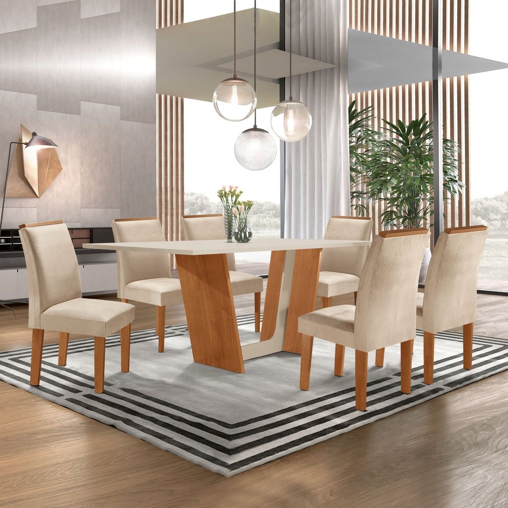 Conjunto Sala de Jantar Mesa Tampo Dakota Plus 160x80cm com 6 Cadeiras Luisa Yescasa  Cinamomo/Off White/Suede Pena