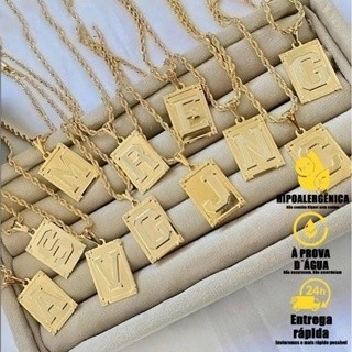 TB Brinquedos Colar Com Letra Inicial Nome Pingente Folheado Ouro 18k a-z Dourado Feminino Corrente