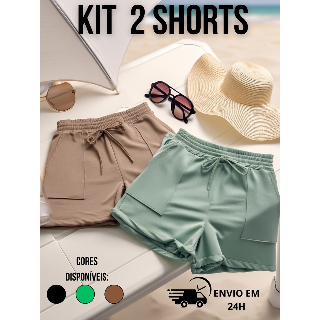 Kit 2 Short com Bolso Feminino Moletinho Super Confortável/bermuda Verão/Moda Casual/Cintura Alta /Soltinho/Algodão