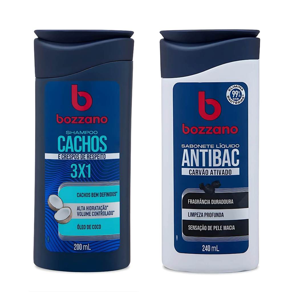 Kit Shampoo 3 em 1 Bozzano Cachos + Sabonete Líquido Carvão Ativado