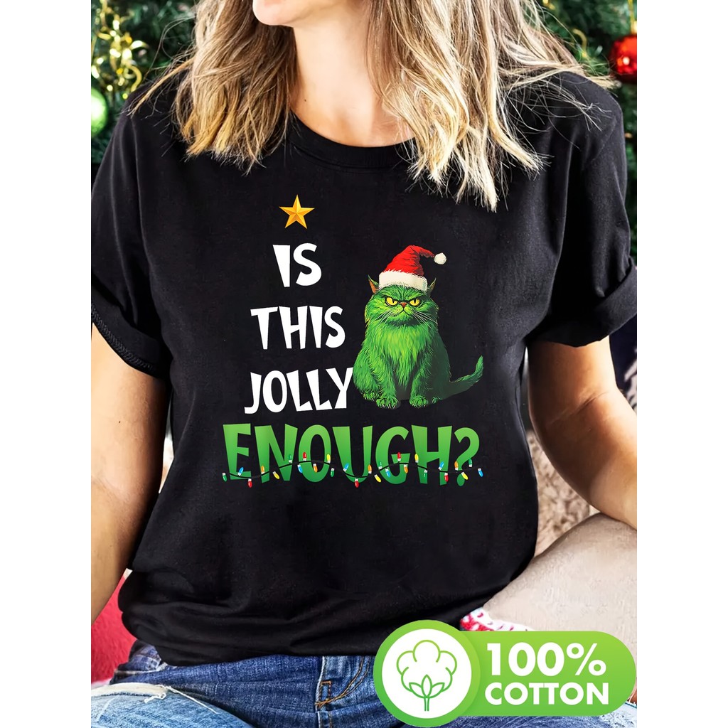 Camiseta Feminina Gato Verde Merry Christmas Natalino Felino Estampada Confortável Fofa Festiva Moda Primavera