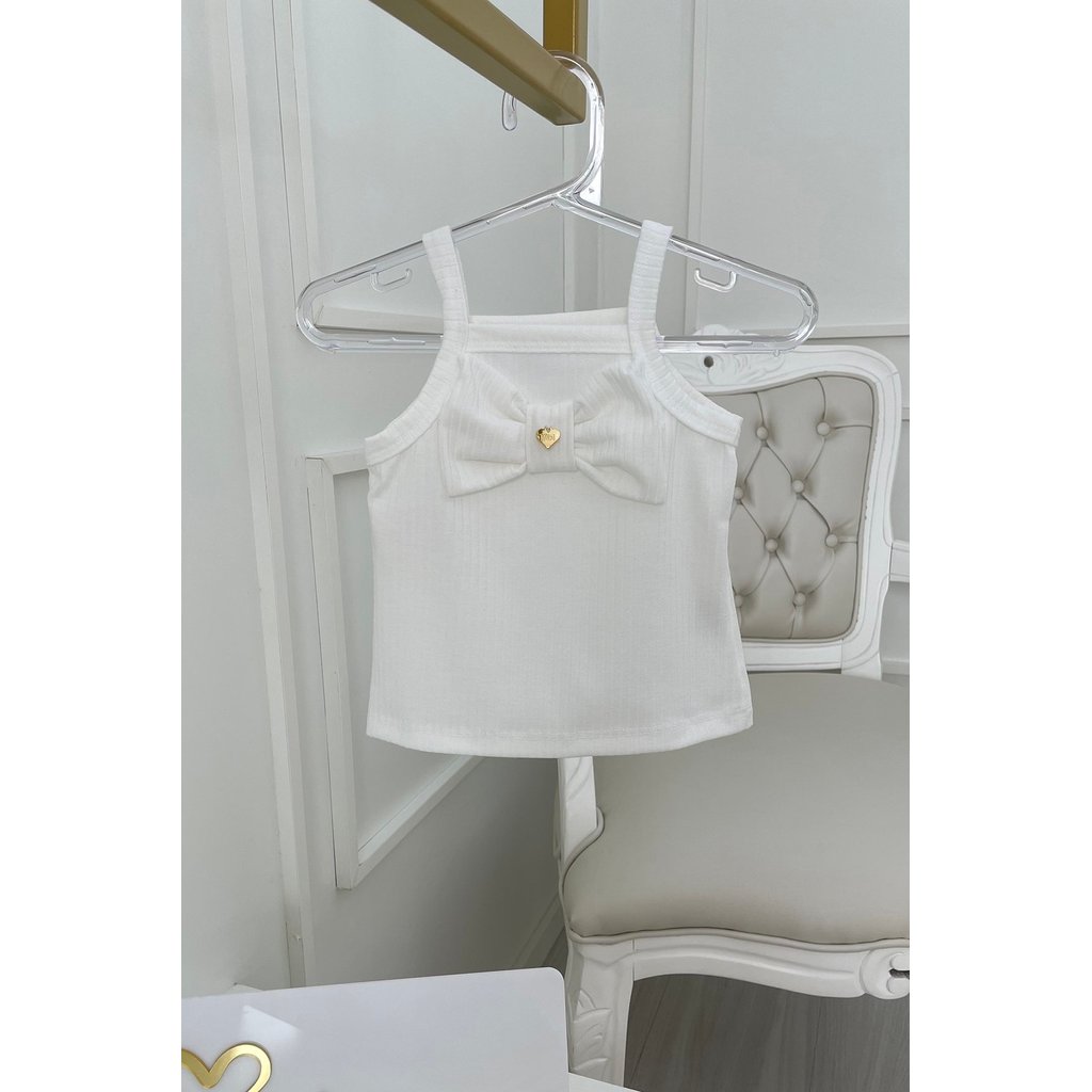 Blusa Infantil Regata Off Laço Coração Dourado Bordado