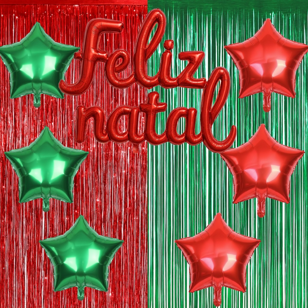 Kit Festa Natal Cortina Balões Feliz Natal Papai Noel Arvore Sino Bota Decoração Comemoração