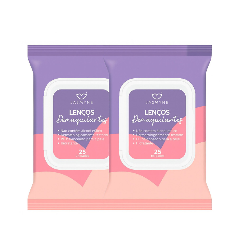 Kit Com 2 unidades Lenços Demaquilantes Removedor de Maquiagem Jasmyne Com 25 Lenços