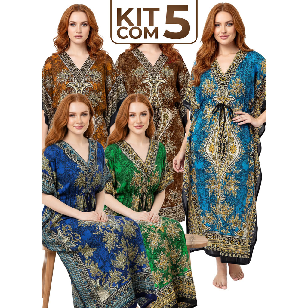 Kit 5  Kaftans longa Indianas Femininas – Saída de Praia Leve e Fresca, Tecido Poliéster Amplo, Verão 2025