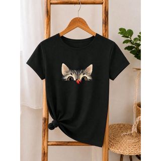 Camiseta Feminina 100% Algodão Gatinho Fofo Estampado Cute Cat Manga Curta Gola Redonda Casual