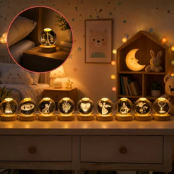 Luminária LED Globo 3D Iluminado Cristal 6Cm Base Madeira Luz Decorativa Quarto