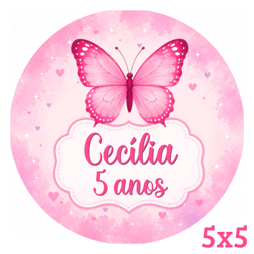 Adesivo Personalizado Borboleta Rosa 5x5 | Lembrancinha | Festa Infantil | Aniversário