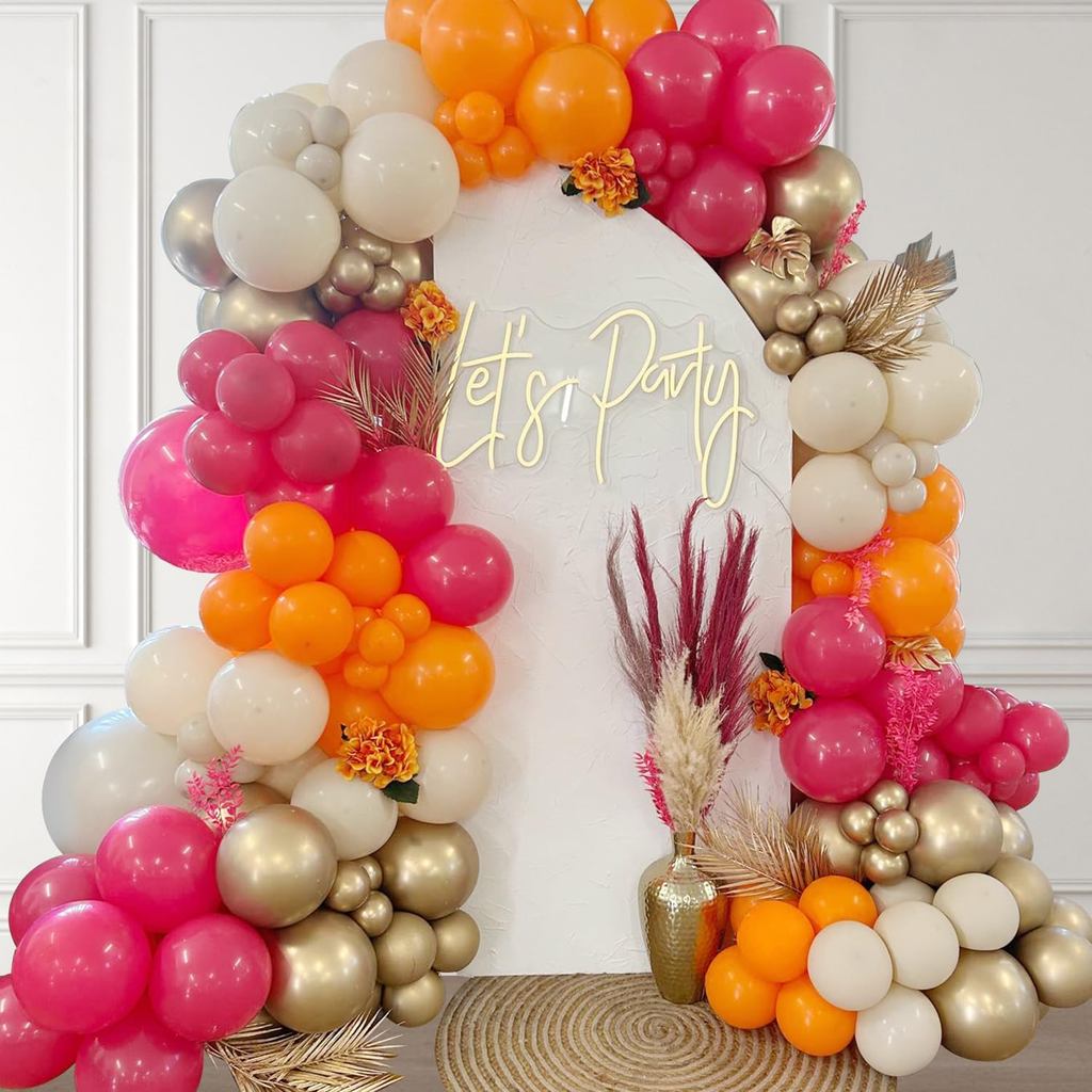 144Pcs Hot Pink and Orange Balloon Arch Garland Kit,Bright Pastel Pink Orange White Sand Metallic Gold Balloons for Boho