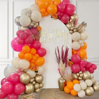 144Pcs Hot Pink and Orange Balloon Arch Garland Kit,Bright Pastel Pink Orange White Sand Metallic Gold Balloons for Boho