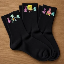 Kit 3 Pares Meias Bob Esponja Pretas Unissex Algodão Macio Estampa Queridinha Academia Casual Confortável Moda Tendência