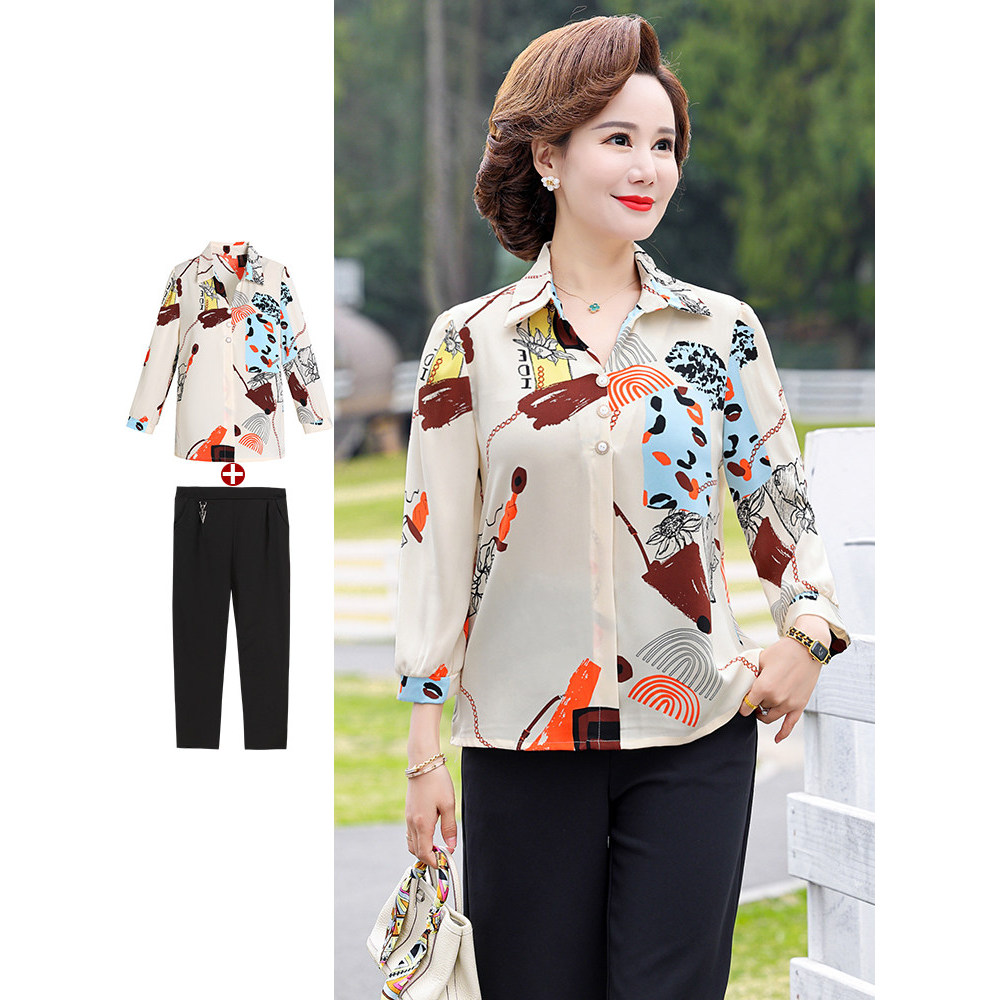 Mãe primavera estilo ocidental camisa pequena 40 anos 50 camisa de fundo feminina de meia-idade fina meia-idade mulheres