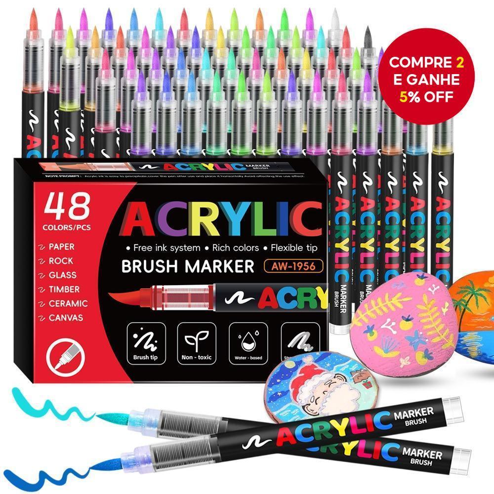 Kit Caneta Acrilica Marcador Permanente 12/24/36/48/72 Cores Pincel