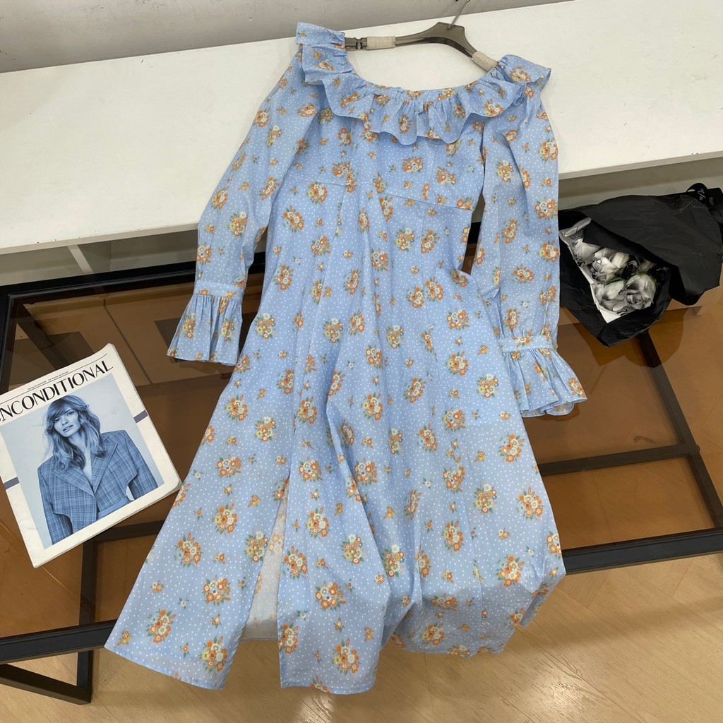 Verão novo estilo moda Retro cintura estreita mais magro olhar Floral babados vestido de manga larga G#27