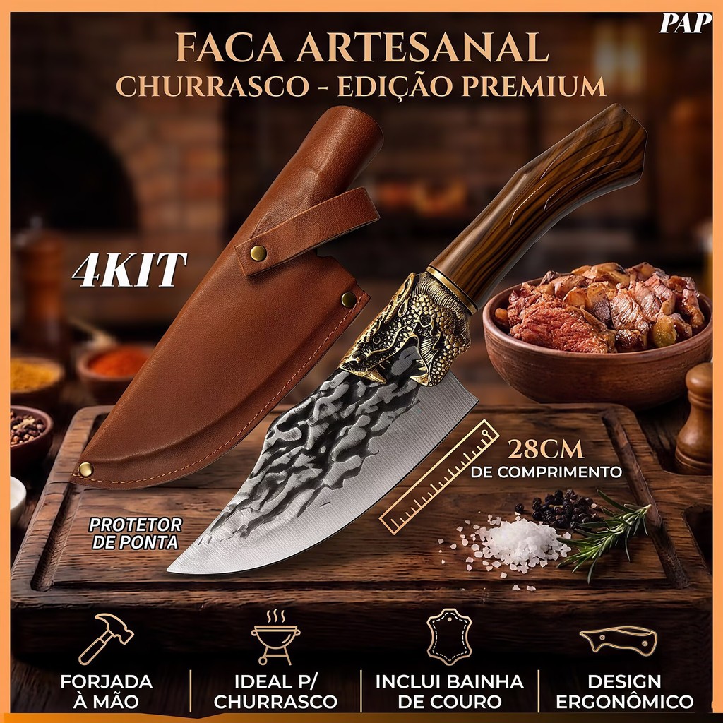 Facas Artesanais Forjadas Dragão Oriental Aço Inox Profissional Luxo Cozinha Churrasco Ultra-Afiada