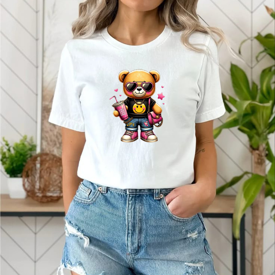 Camiseta Feminina Estampada Ursinho Tendencia  100% Algodão Leve e Confortável