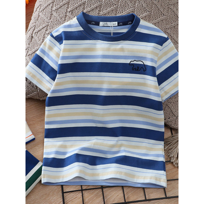 Refrescante listrado algodão pele-amigável crianças camiseta de manga curta bebê meninos grandes crianças macio meia man
