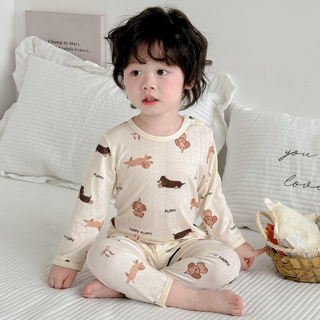Crianças pijamas finos primavera verão conjunto de roupa interior meninos calças de manga comprida malha bebê ar condici