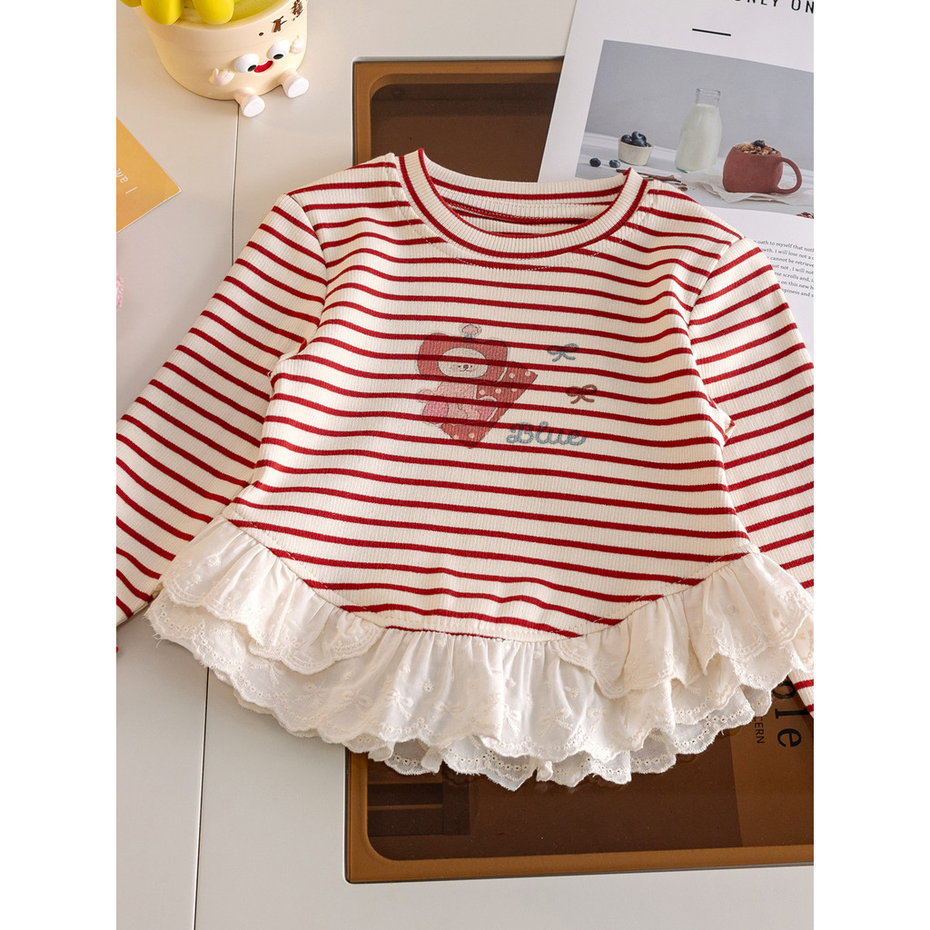 Meninas de manga comprida camiseta primavera outono estilo 2025 novo estilo crianças estilo ocidental listrado camisa de