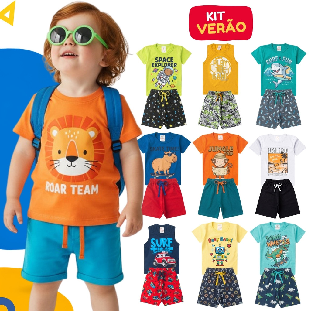 Kit 10 Peças de Roupa Infantil Menino Verão Algodão 5 Camisetas + 5 Bermudas 1 a