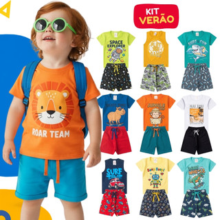 Kit 10 Peças de Roupa Infantil Menino Verão Algodão 5 Camisetas + 5 Bermudas 1 ao 14