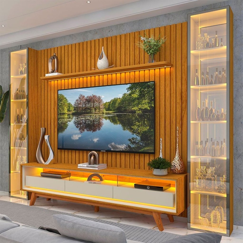 Rack com Painel Ripado para TV até 85 Polegadas com LED 100% MDF 304,8CMX237CM Pés em Madeira Maciça Mad Esp Nobre