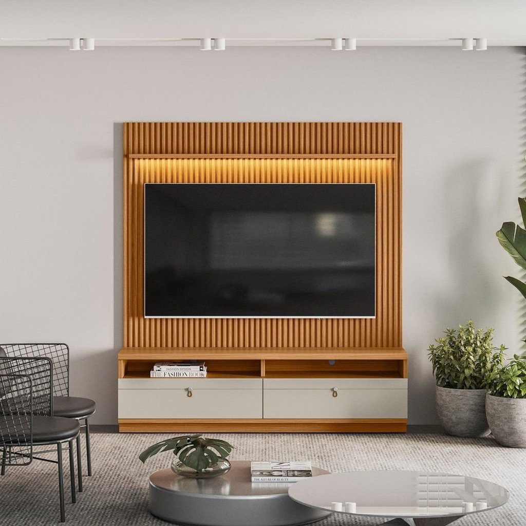 Rack com Painel Ripado para TV até 75 Polegadas com LED MDF 180CMX198CM 2 Nichos 2 Gavetas Ouro Preto Marrom 180