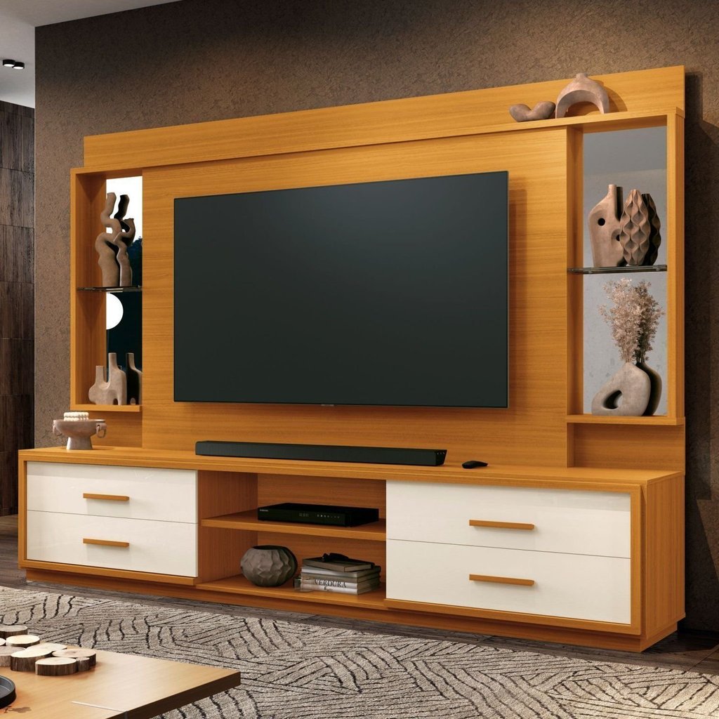 Estante para TV para TV até 75 Polegadas com Espelho e Vidro Marrom 192x240cm Leni Cedro/Off White