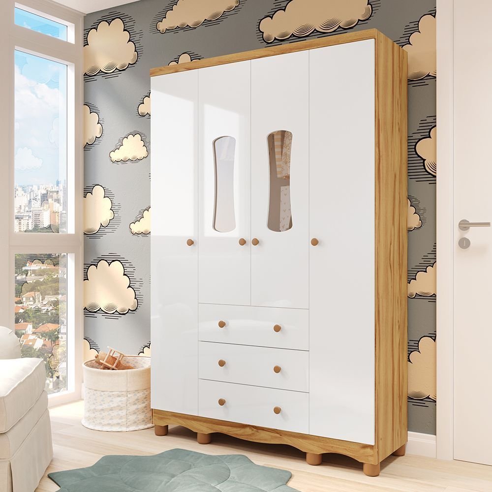 Guarda Roupas Infantil 4 Portas com Janela e 3 Gavetas 100% MDF Lana Espresso Móveis Branco/Brilho/Amêndoa Branco