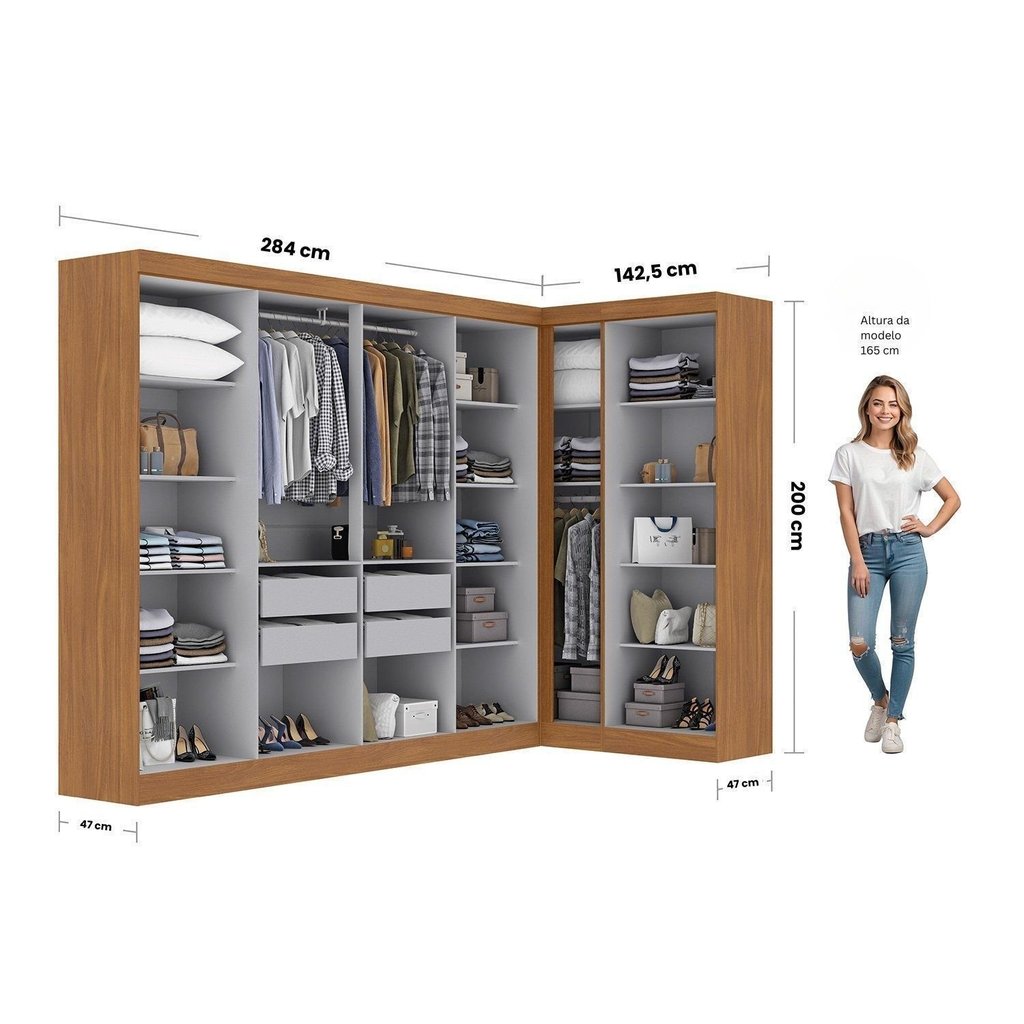 Guarda-Roupa Modulado de Canto 11 Portas e 4 Gavetas Paris Off White/Cinamomo Cinamomo/Off White