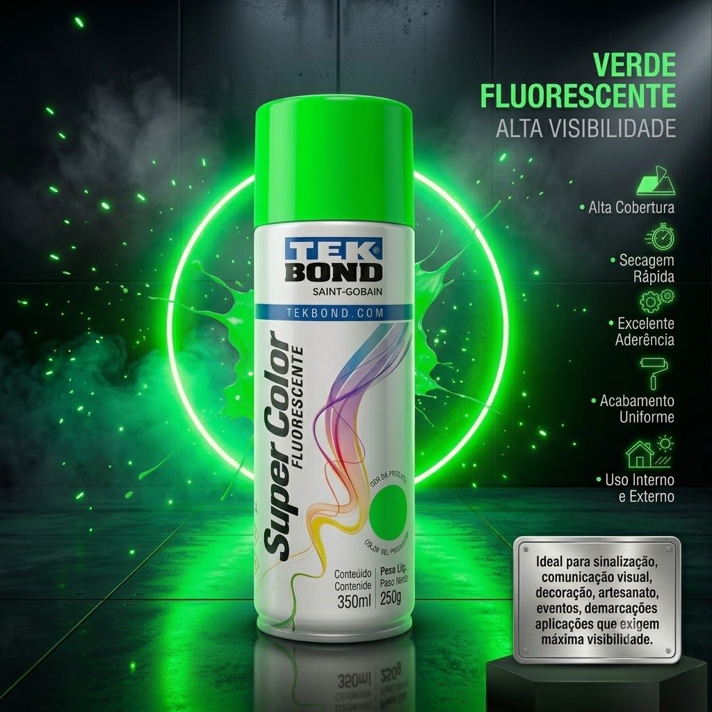 Tinta Spray Aerossol Fluorescente Verde 350ml/250g Tekbond